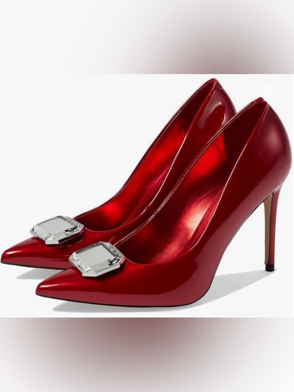 Nine West Ruby Red Patent Pointed-Toe Pumps with Crystal Detail
